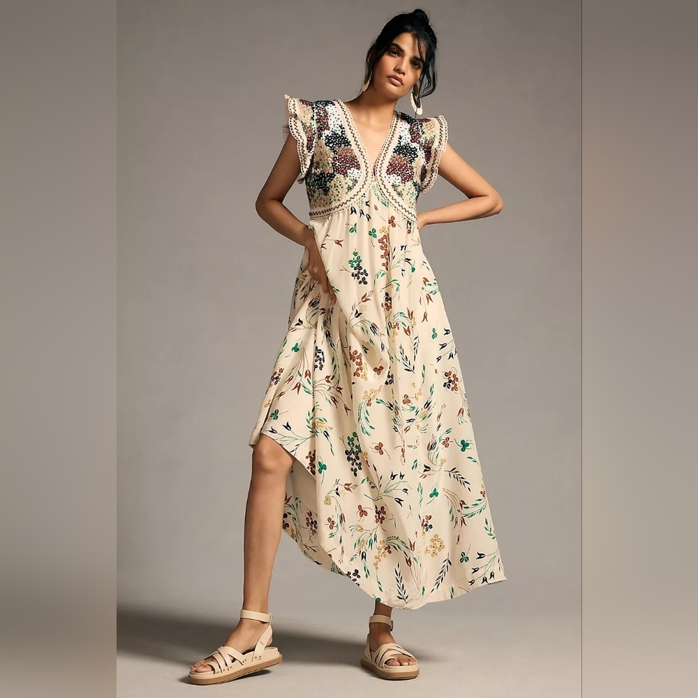 Anthropologie Floral Beige Maxi Dress/used